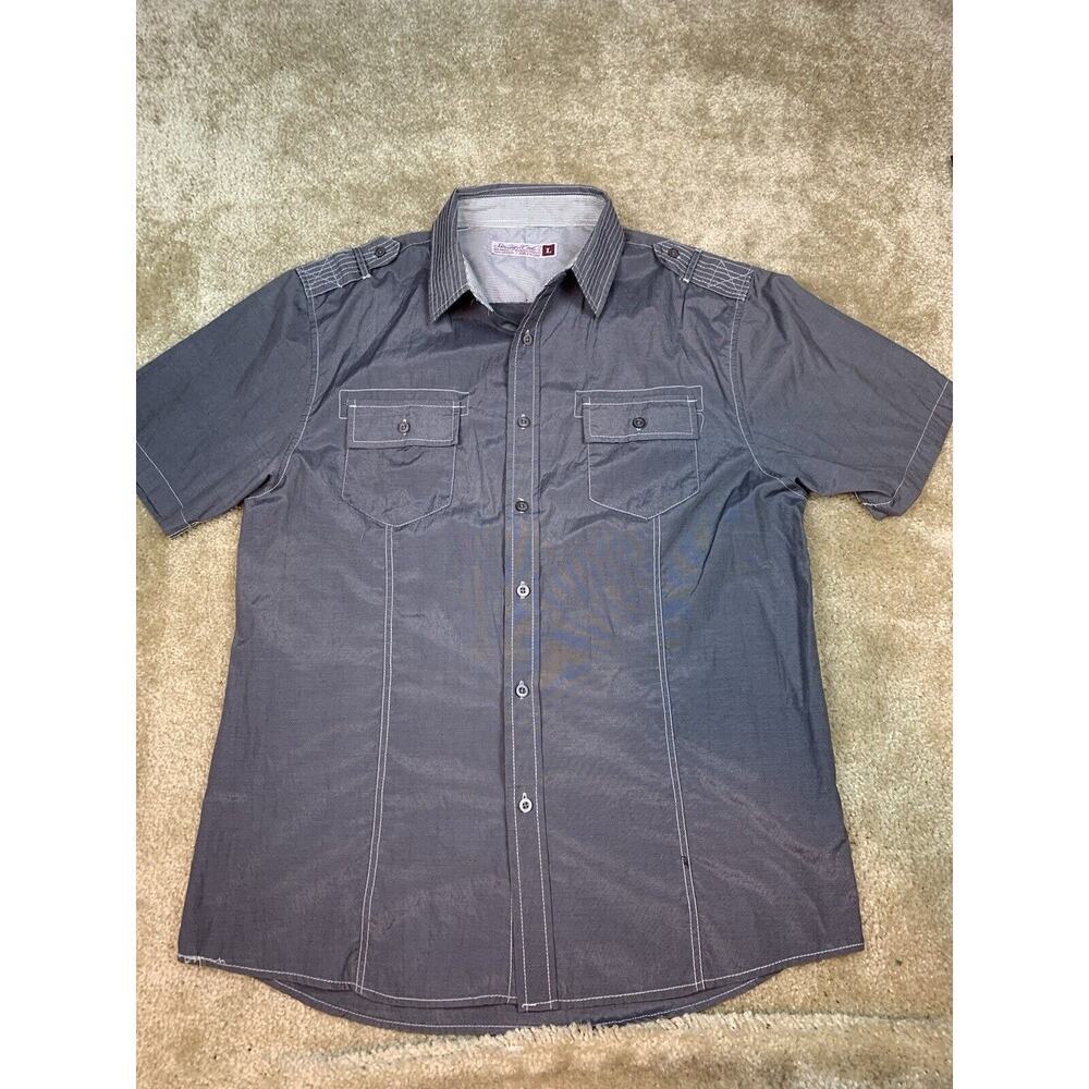 Sovereign Code Shirt Large Short Sleeve Button Up Pockets Gray -Neck Stain #685